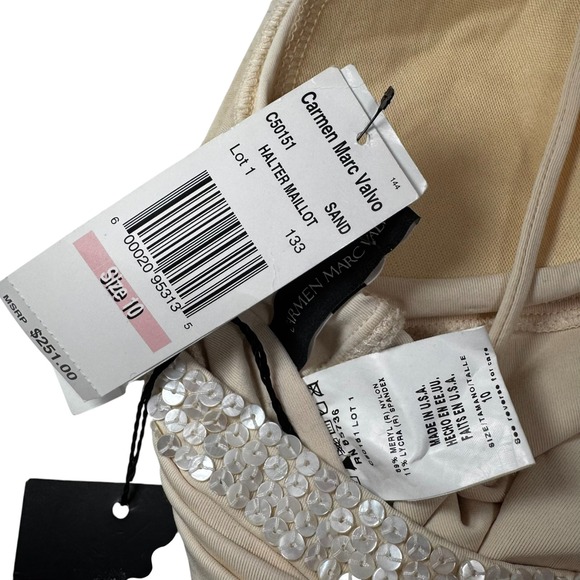Carmen Marc Valvo One-Piece Swimsuit Sz 10 NWT Ivory Shell Embellished Halter - Picture 10 of 11